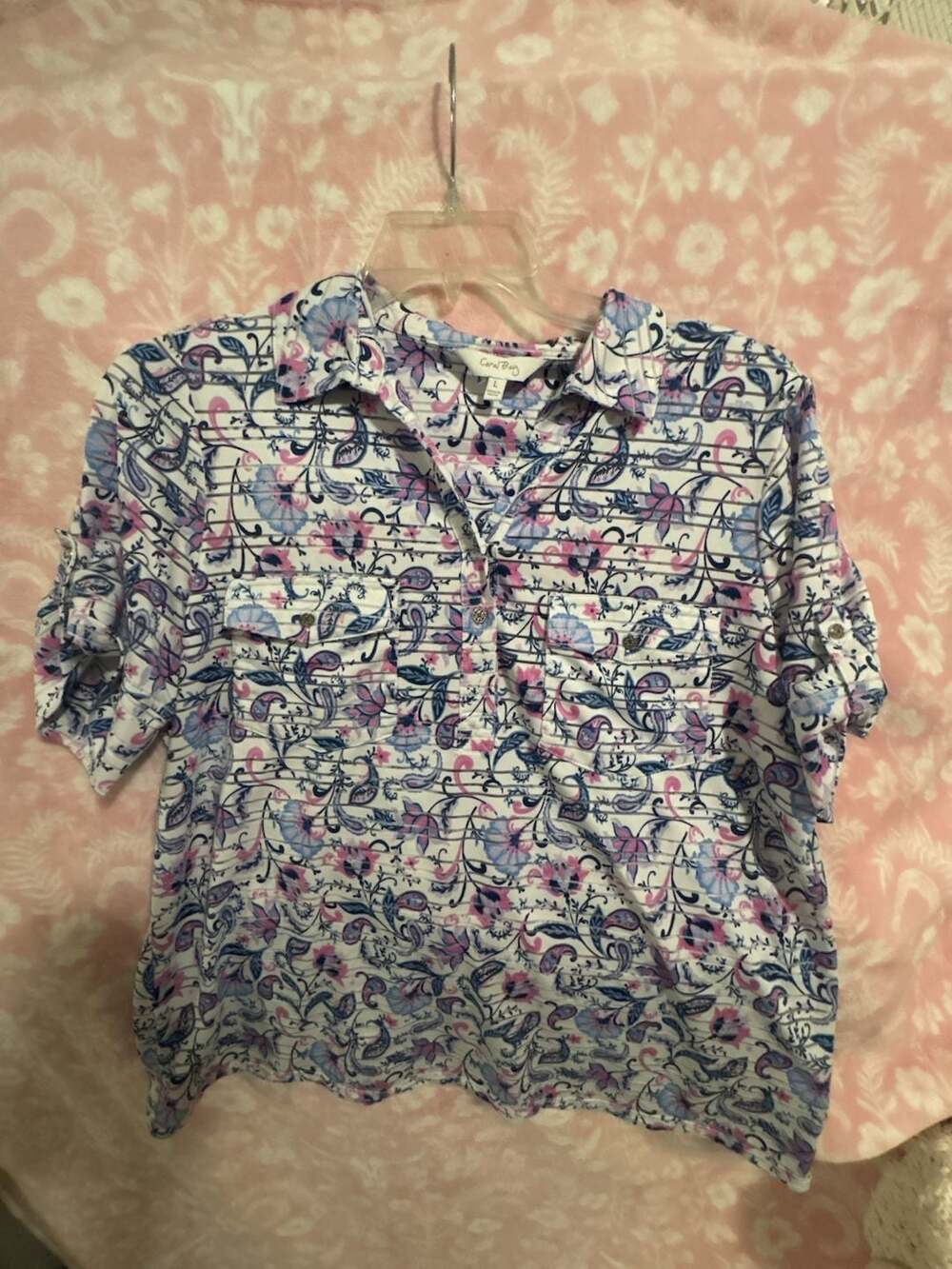 Coral Bay Women's Floral and Striped Short Sleeve Collared Button-Up Shirt